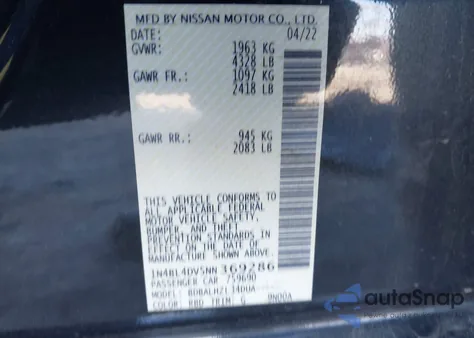 2022 Nissan Altima Sv Fwd z USA, uszkodzony, nr VIN 1N4BL4DV5NN369286